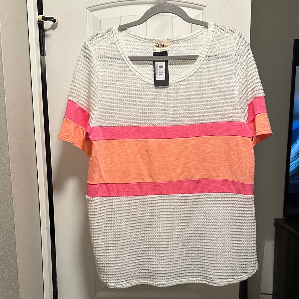 BiBi White Top with Pink and Orange Stripes